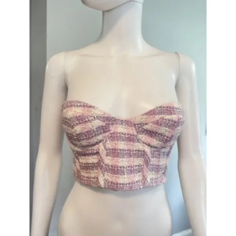 Zara Pink Purple Tweed Plaid Corset Bustier Crop Top Medium